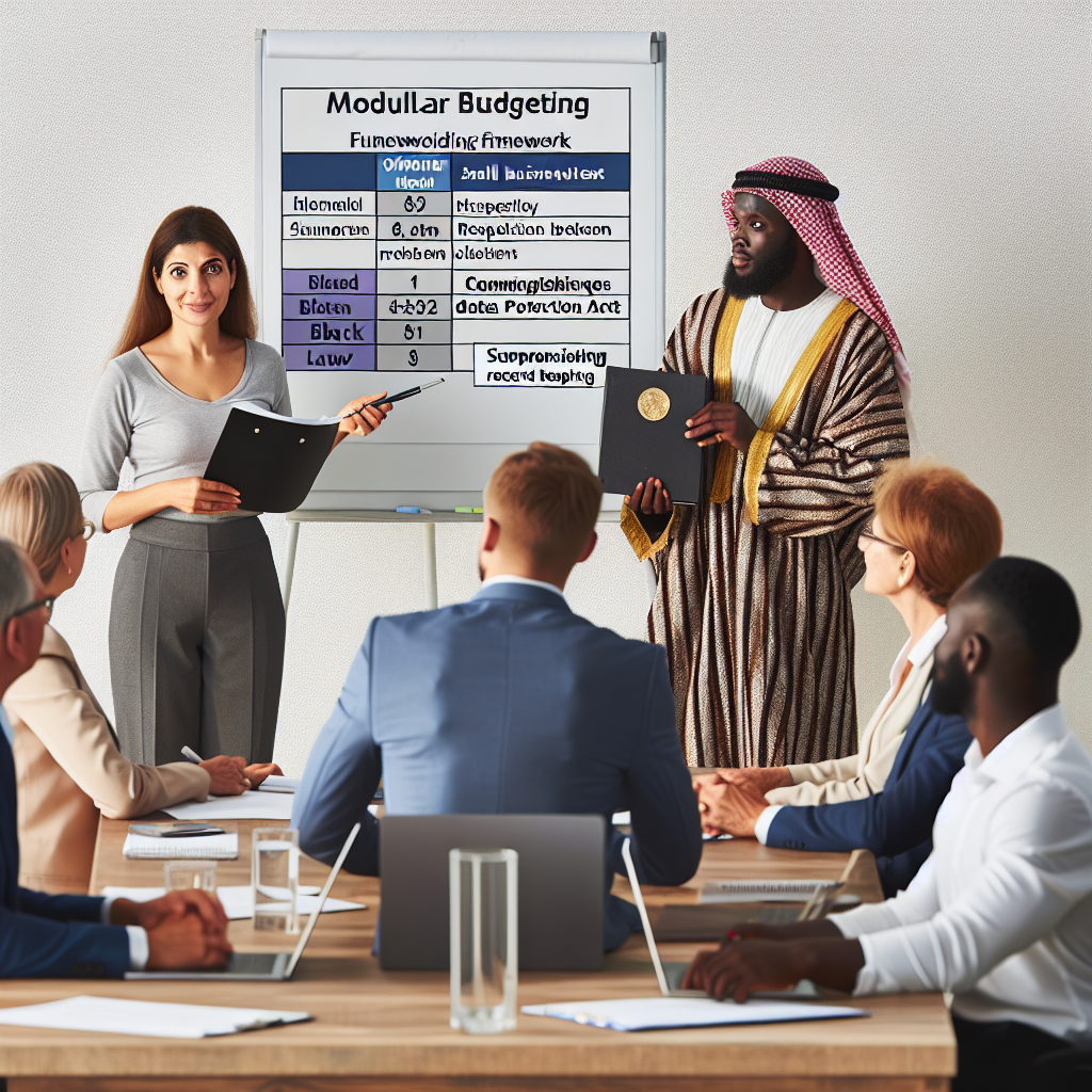 Facilitator presenting modular budgeting framework on large whiteboard to small business owners while referencing Ghana Data Protection Act compliance and responsible record keeping.