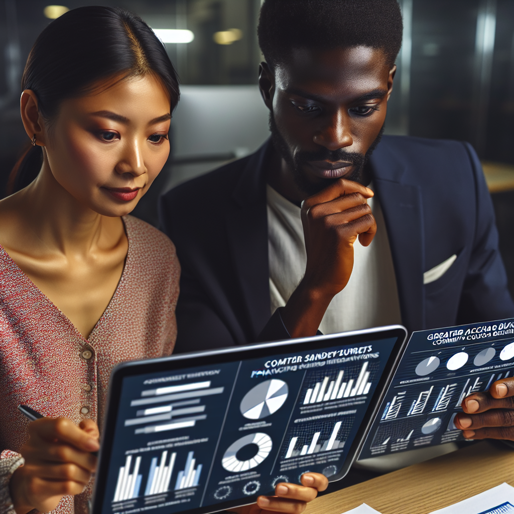 Two analysts comparing community survey charts for Greater Accra budgeting behaviors on touch-enabled screen while referencing data-driven financing strategies rooted in mindful spending observations.