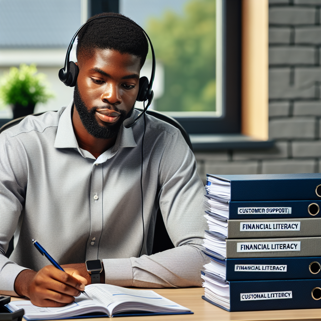 Customer support specialist answering financial literacy hotline from Accra office desk equipped with headsets, compliance manuals, and neatly arranged call tracking sheets.