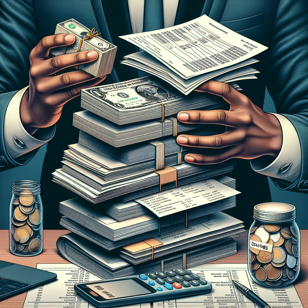 Close-up of hands stacking documents, digital receipts, and savings jars to demonstrate layered financial planning and spending awareness for urban Ghanaian households.