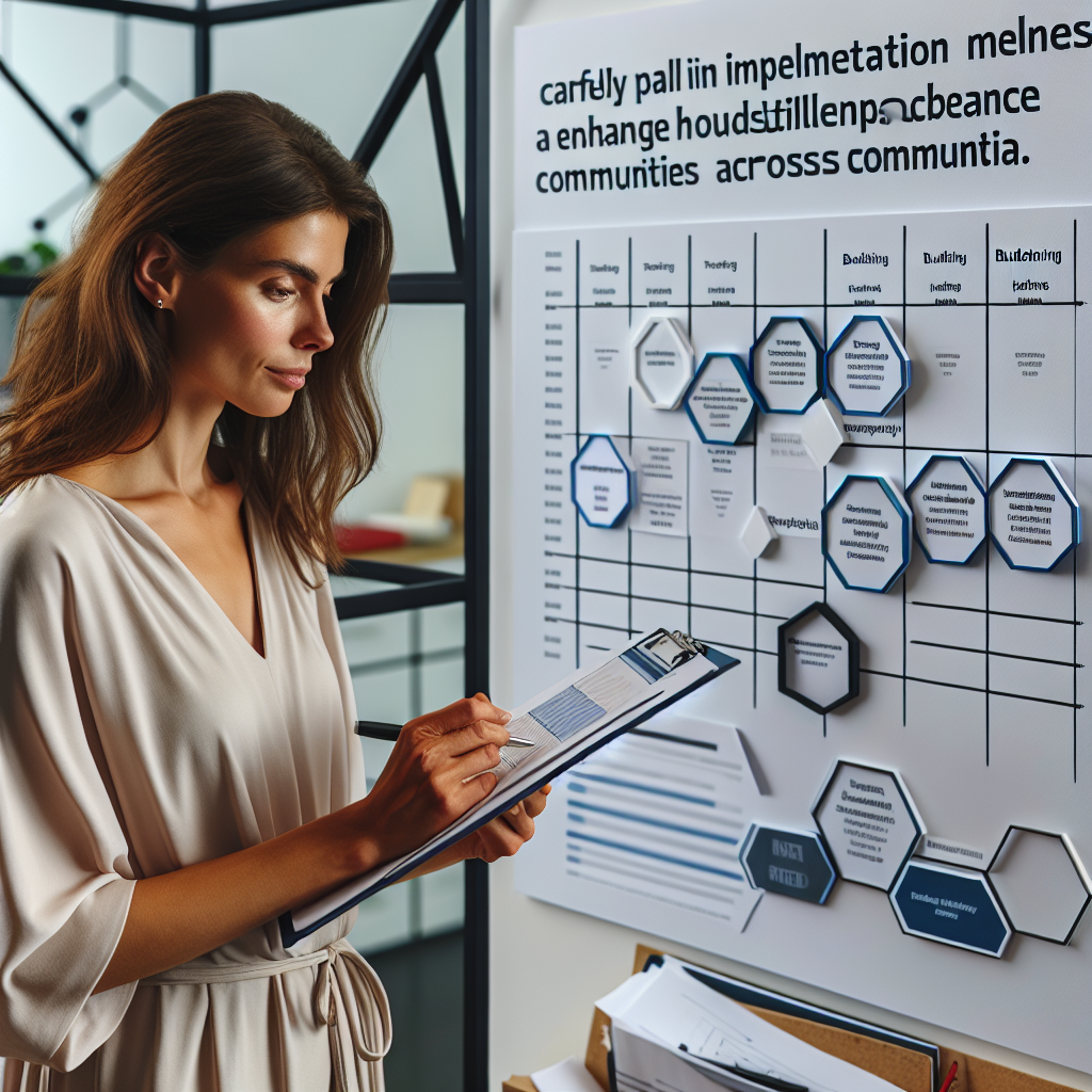 Project manager reviewing implementation milestones on clipboard beside geometric wall display while planning staged rollout of budgeting toolkit partnerships across Ghanaian communities for enhanced household stability.
