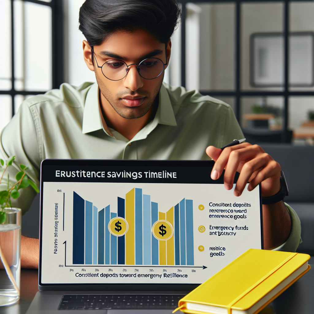 Young professional in Accra reviewing structured savings timeline on laptop beside lemon yellow notebook, emphasizing consistent deposits toward emergency funds and resilience goals.